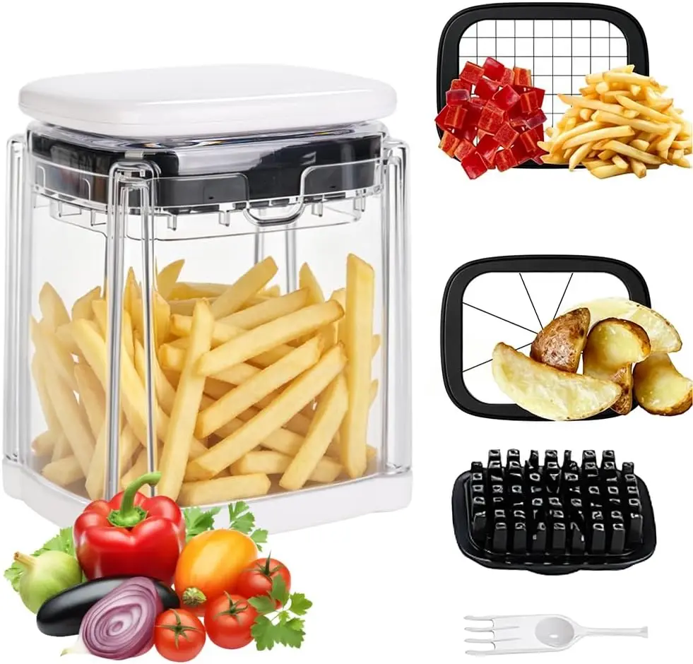 Multifunctional Vegetable Chopper Bowl, Potato French Fry Cutter with 2 Interchangeable Blades & Container, Food Chopper