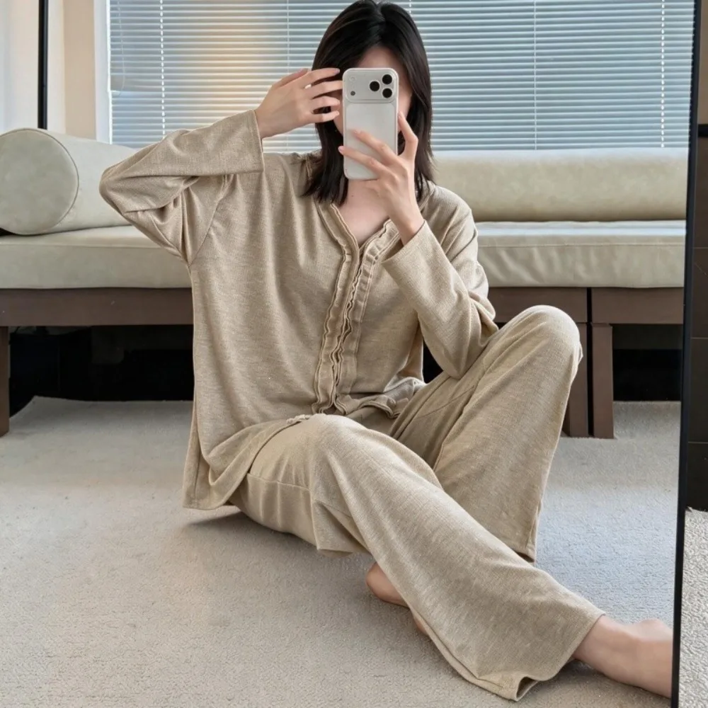 V-neck Pajamas Set Loungewear Home Wear Solid Color Long Sleeve 2 Piece Sleepwear New Spring Autumn Soft Homewear Suit Pijamas