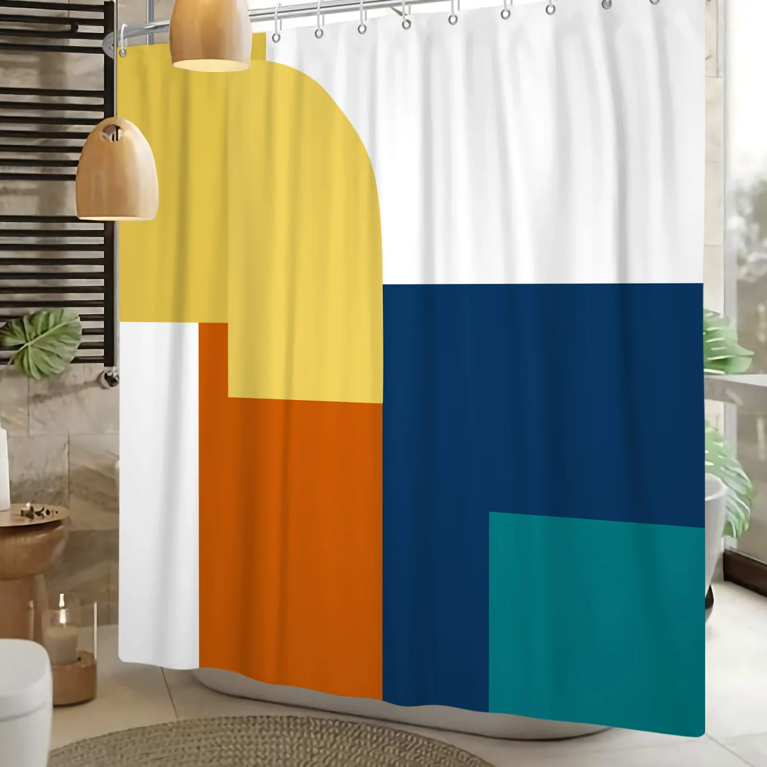 Geometric Line Round Color Block Shower Curtain Artistic Styling Simple Modern Polyester Shower Curtain Bathroom Decoration