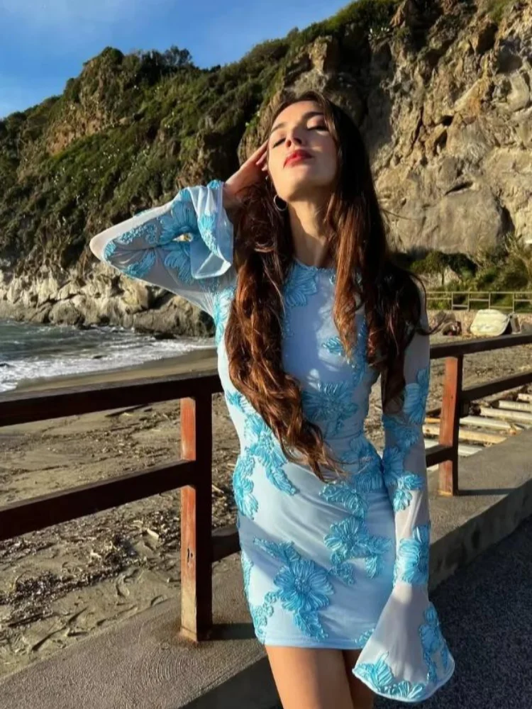 

Sky Blue 3d Floral Embroidery Mini Dress Women Elegant Crew Neck Long Flared Short Dress Y2k 2026 Summer Evening Party Club Wear