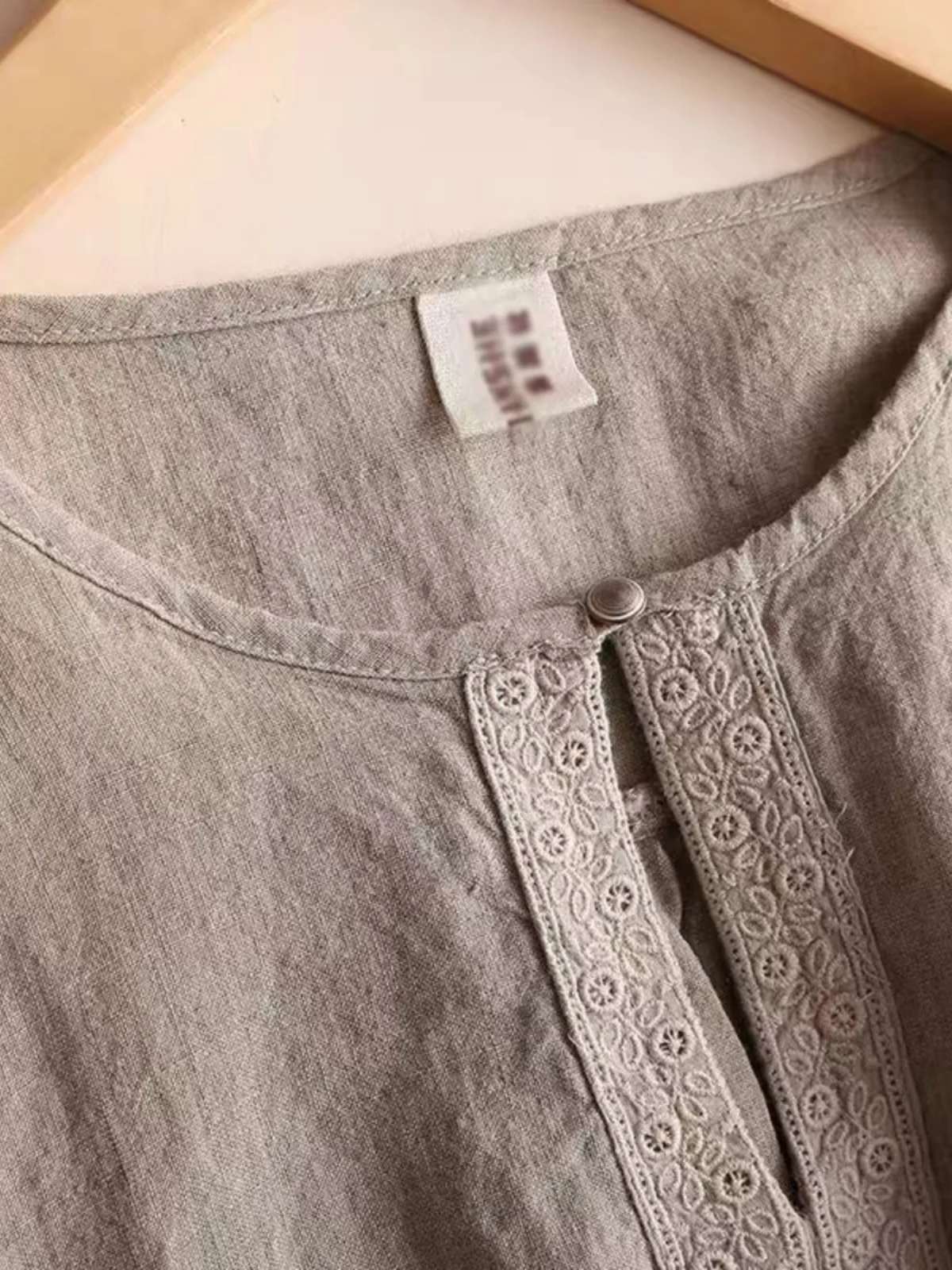 Csa Artística de Aodão e Linho para Mulheres, T-irt de Verão com Manga Nove, Top de Linho Solto com Detalhe de Botão, ...