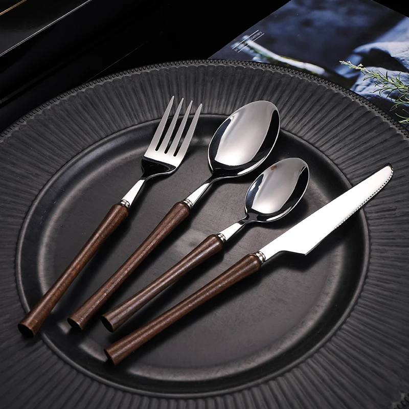 Wood Handle Tableware Set Korean Stainless Steel Cutlery Set Fork Knife Spoon Set High Quality Dinner Set Luxury Tableware Set