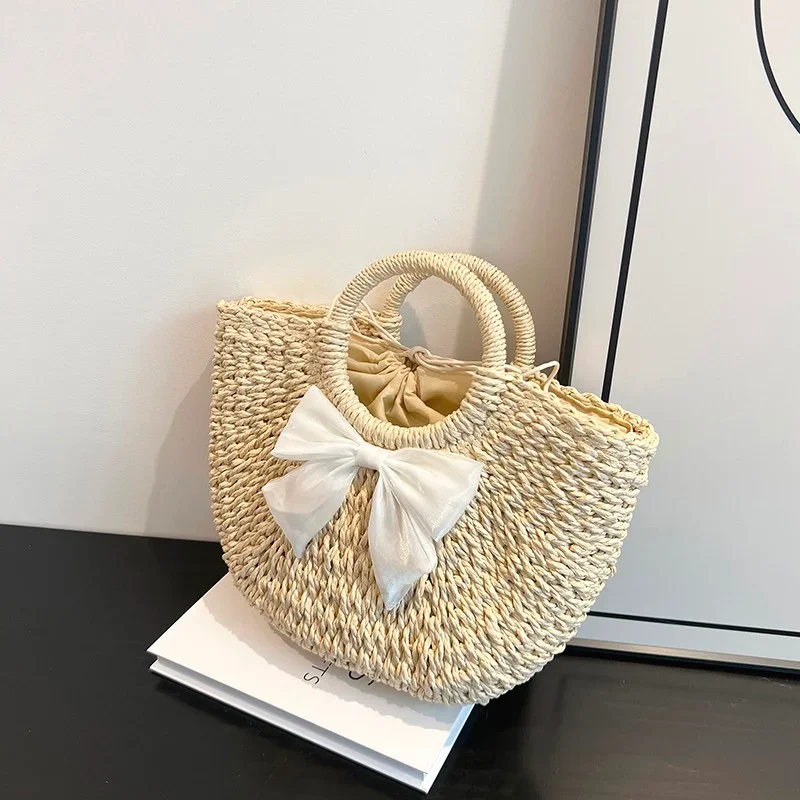

Straw Bag Women Hand-Woven Handbag Moon Shape Lace Bow Rattan Bag Big Capacity Drawstring Casual Beach Shoulder Crossbody Bag