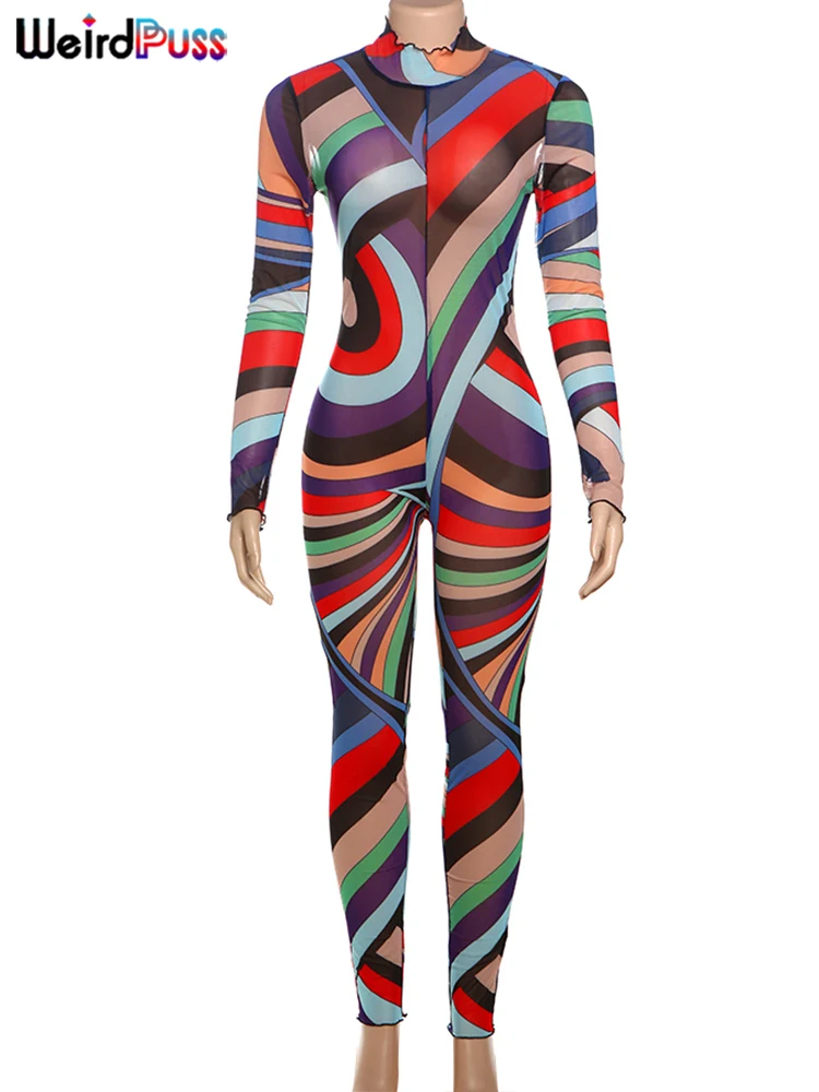 Weird Puss Sexy Colorful Print Jumpsuit Women Mesh Zip Y2K Full Sleeve O-Neck Turtleneck Trend Skinny Stretch Workout Overalls