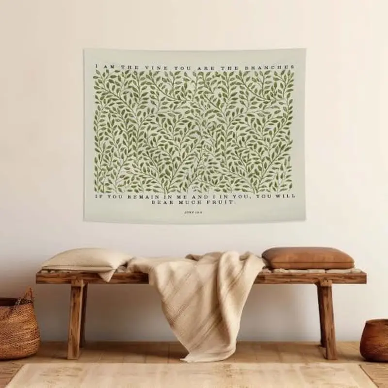 VIKAMA Vine John Gospel Scripture Tapestry, Christian Green Leaf Bible Quotes Wall Hanging, Retro Home Decoration