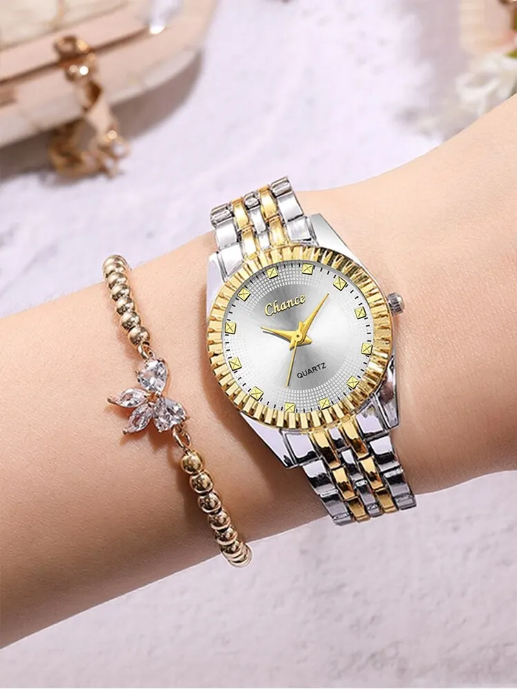 2pcs Women\'s Fashion Trend Round Steel Band Quartz Watch+Diamond Butterfly Chain Bracelet Set