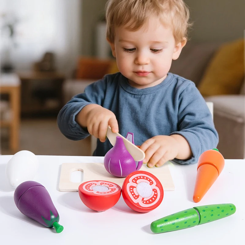Drewniane zabawki kuchenne do zabawy w udawanie, symulacja jedzenia, akcesoria do zabawy w kuchnię, zabawki Montessori, zestaw do krojenia owoców i warzyw dla dzieci, prezent.