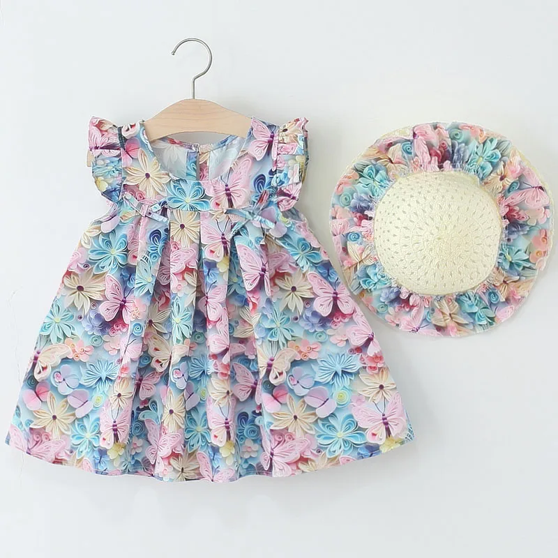 

2025 Summer Girls Boutique Clothes Korean Fashion Cute Flowers Print Sleeveless Baby Princess Birthday Dress Luxury Dresses B056
