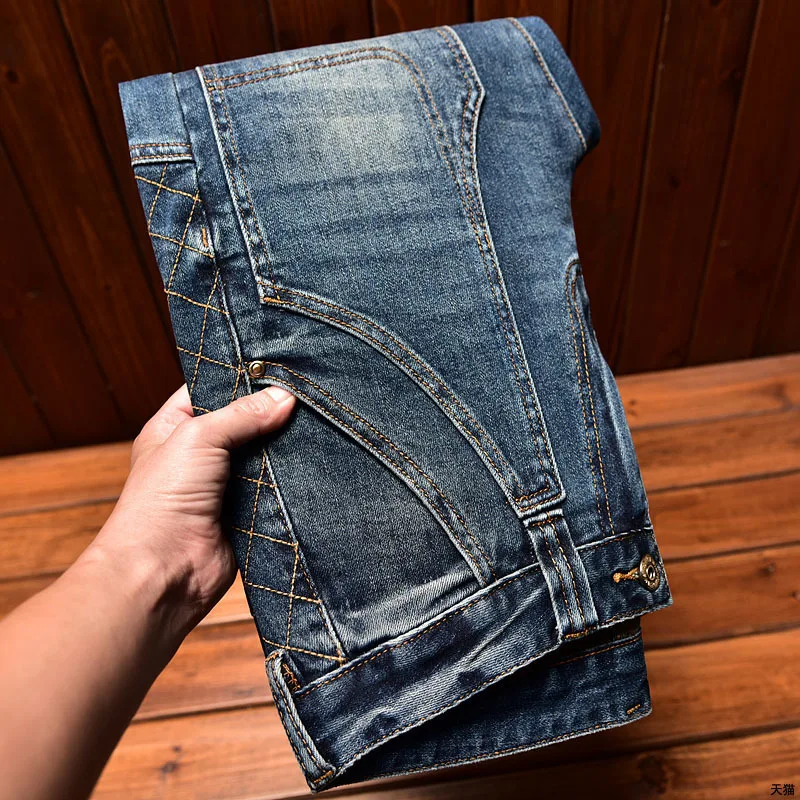 Pantalones vaqueros de pierna recta para hombre, Jeans de marca de moda de alta gama, azul, bordado elástico Delgado, costura de motocicleta, moda informal