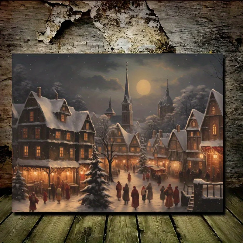 1PC Christmas Wall Art Wooden Frame Canvas Painting Winter Wonderland Landscape for Home Office Graduation Holiday Decoration