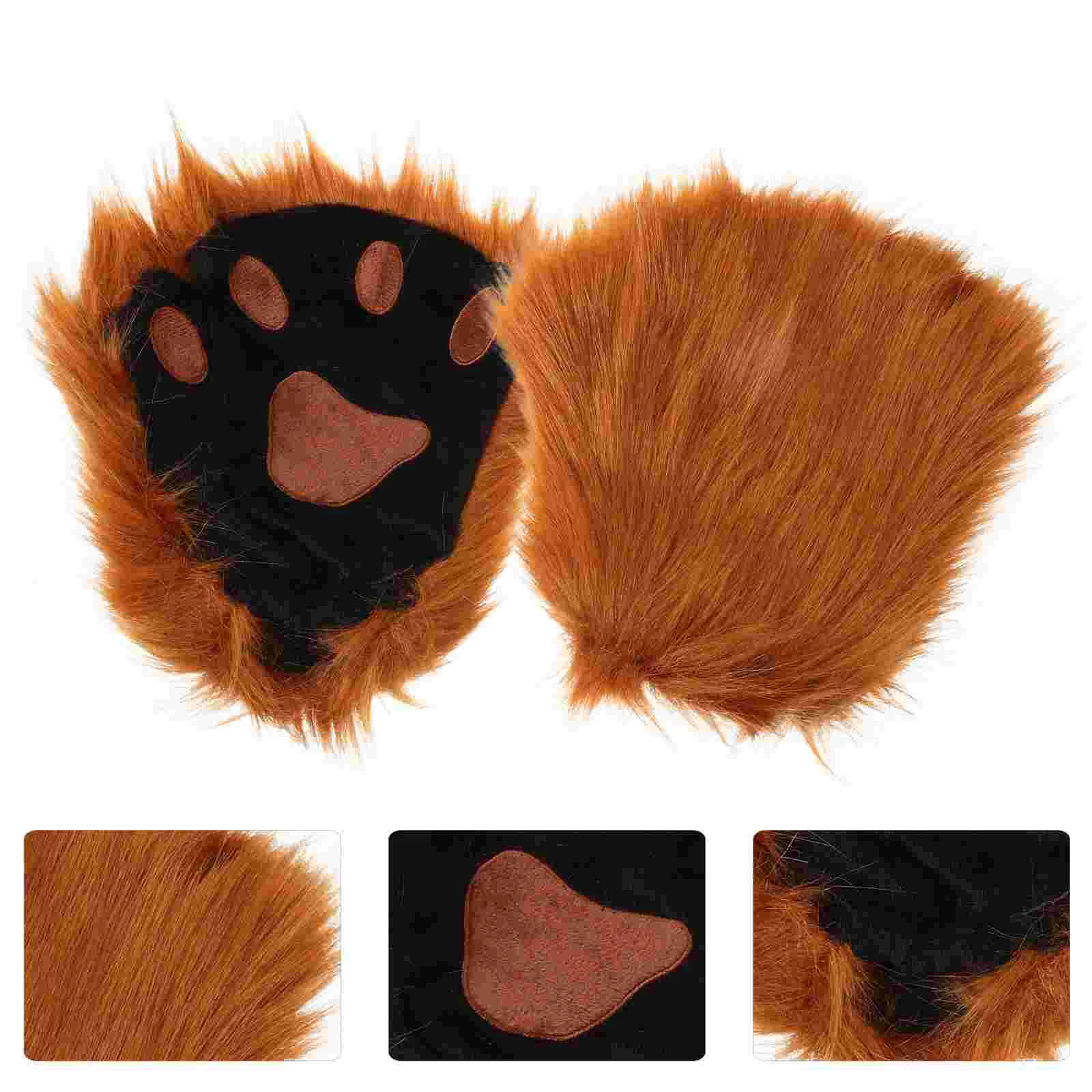 Fingerless Mittens Animal Ear Gloves Paw Cosplay Accessories for Women Cute Light Brown Winter Women's