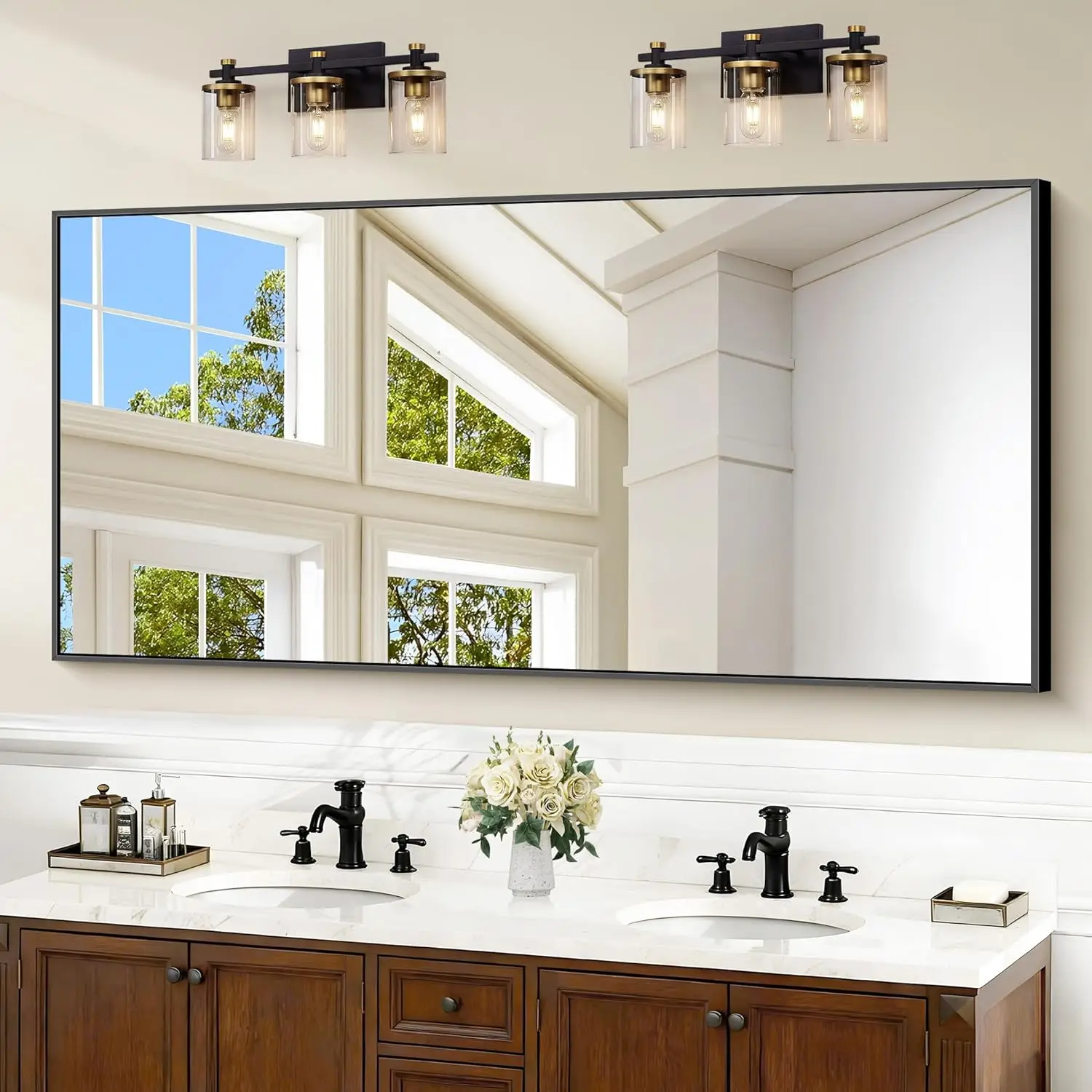 

Зеркало для ванной 60x30 дюймов, прямоугольное, черное, с металлической рамой, современный настенный декор для гостиной и прихожей