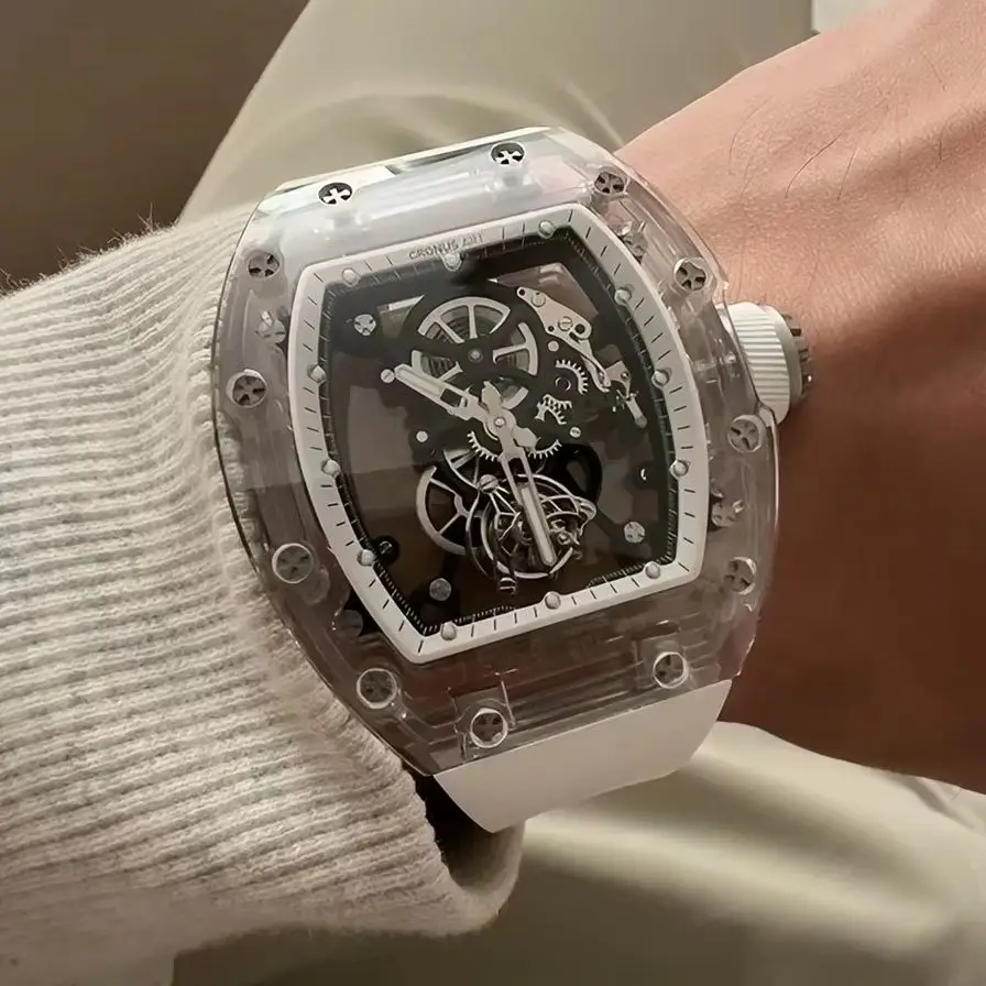 CRONUSART Men Tourbillon Watch 50mm Tonneau Mechanical Wristwatch Sapphire Case & Mirror Luminous FKM Strap Skeleton Dial
