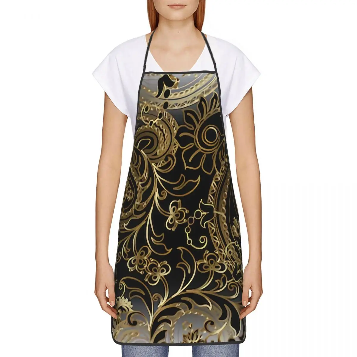 Custom Bib Thuth Vintage 3D Gold And Black Paisley Flowers Leaves Aprons Adult Chef Kitchen Cooking Tablier Cuisine Gardening