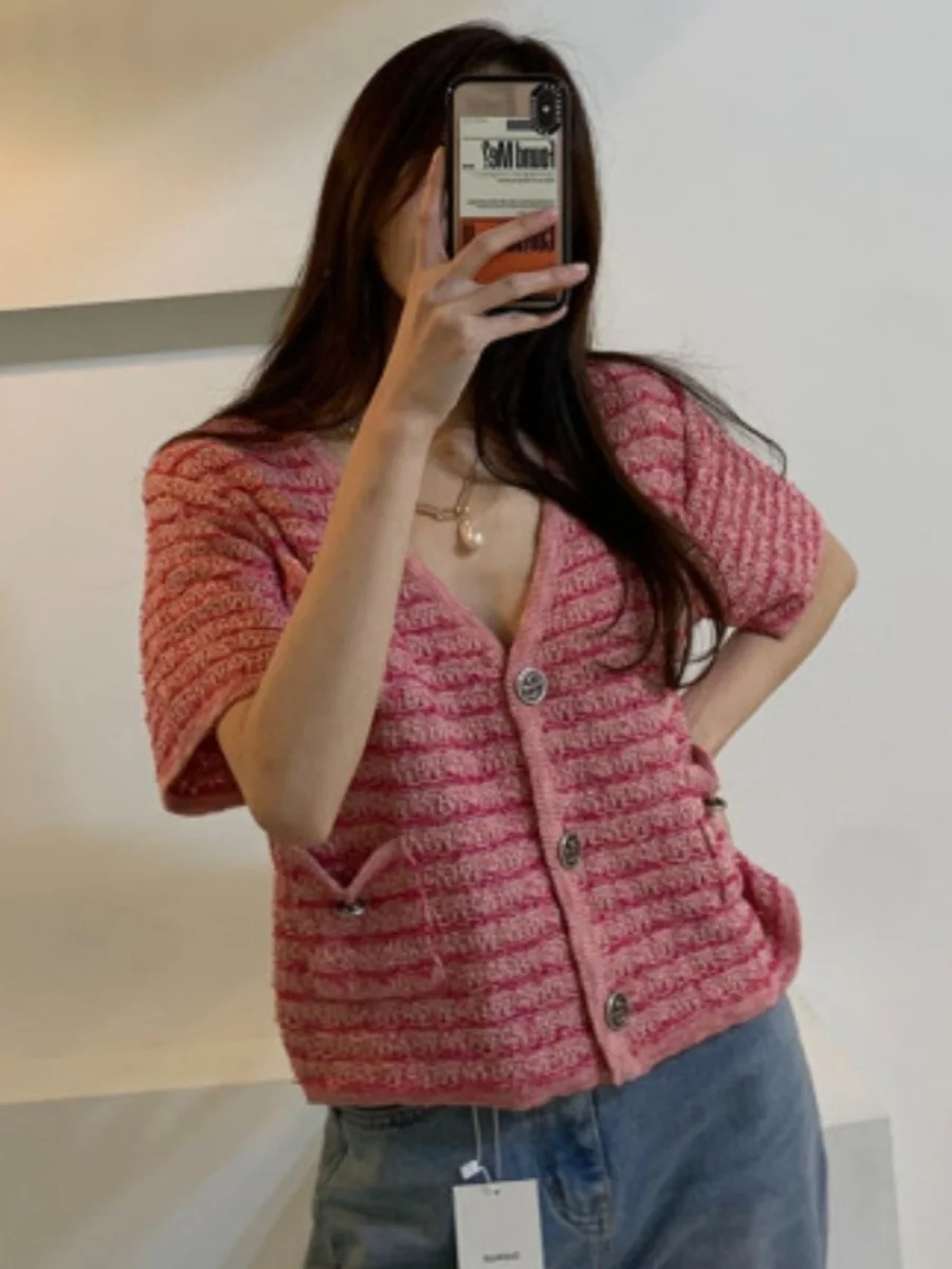 Chaqueta de punto fina retro rosa nueva de verano para mujer, cárdigan abierto con cuello en V, manga corta, ra, transpir...