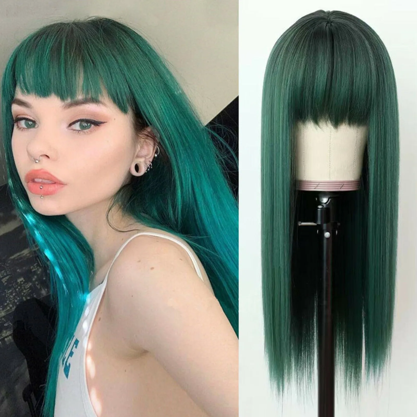 US Long Straight Synthetic Fiber Hair for Women, Ombre Green Wigs, Full Neat Bangs, Party