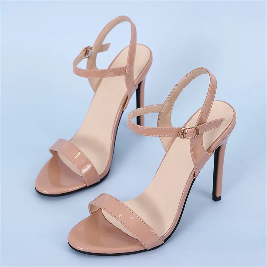 Summer Concise Buckle Sandals Women Big Size 35-43 Patent Leather Open Toe Shoes Black Pink Party High Heels Female Pumps Office