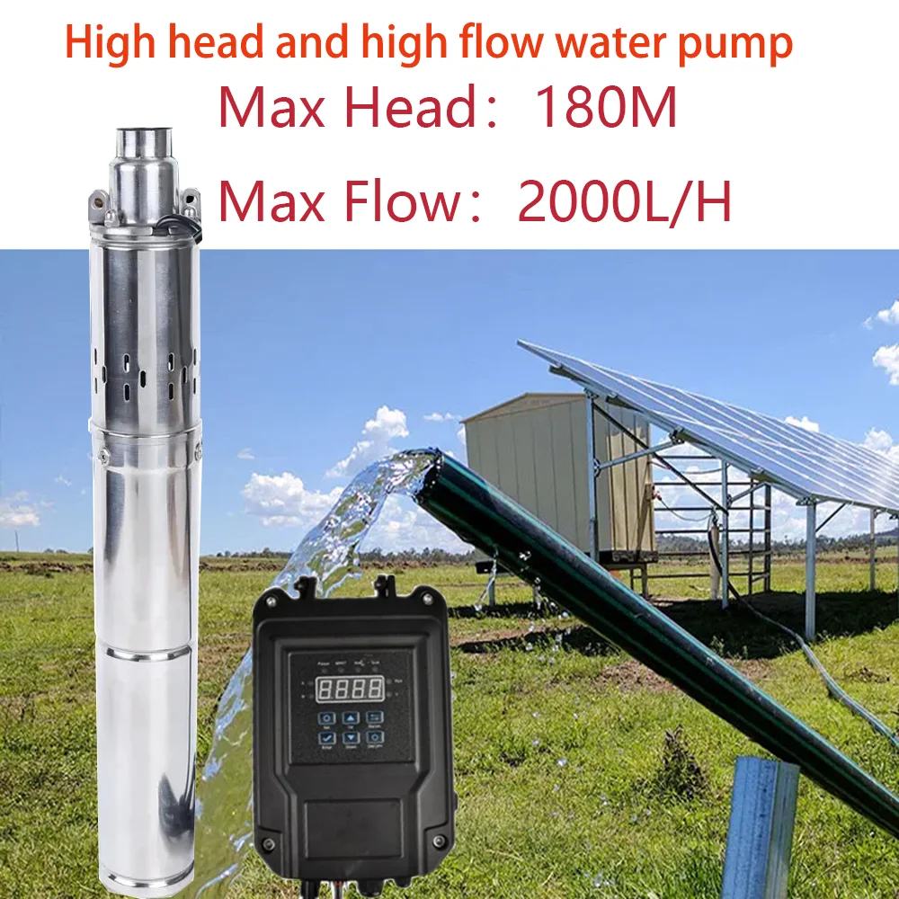 Bomba de agua sumergible de acero inoxidable con controlador inteligente MPPT externo, bomba de agua Solar de 1200W, CC de 72V, cabezal máximo de 180M, flujo máximo de 2 T/H