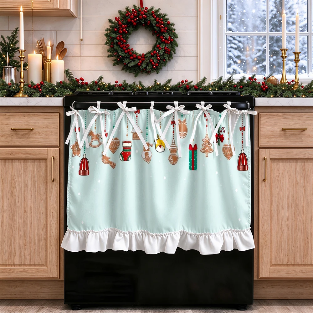 1PC Christmas Tie Up Kitchen Curtain, Light Blue Christmas Ornament Hanging Tags, Digital Print, Kitchen Dining Room, Home Decor