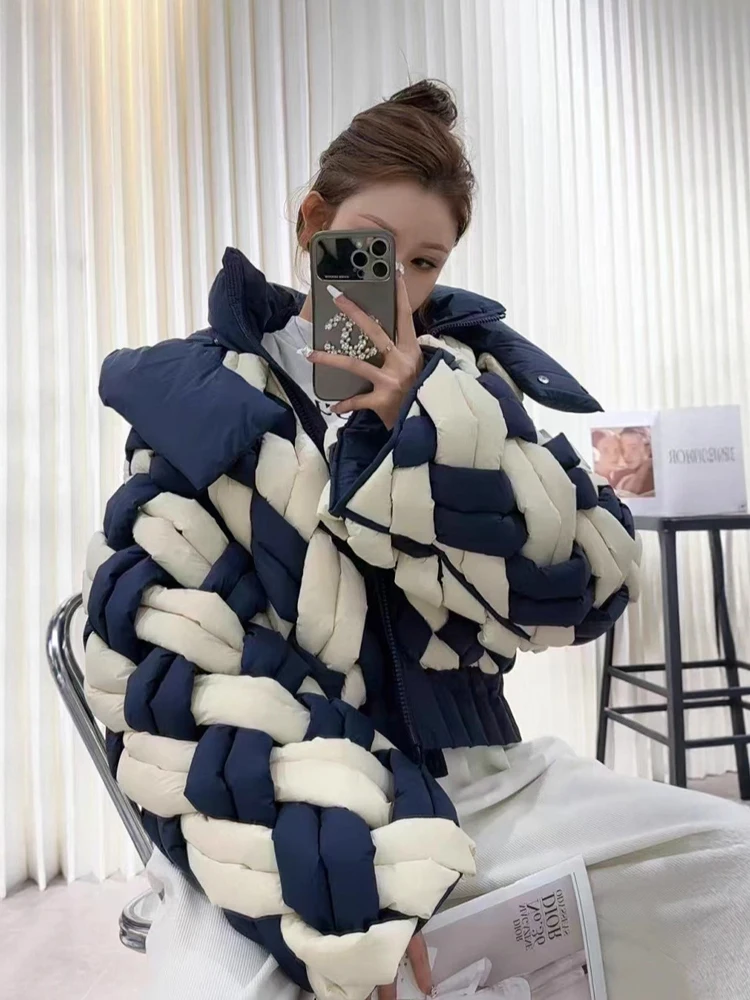 Luxury down jacket with hooded Women's 2025 Winter New design Criss-cross contrast color puffer coat Warm ladies INKEO DJ517