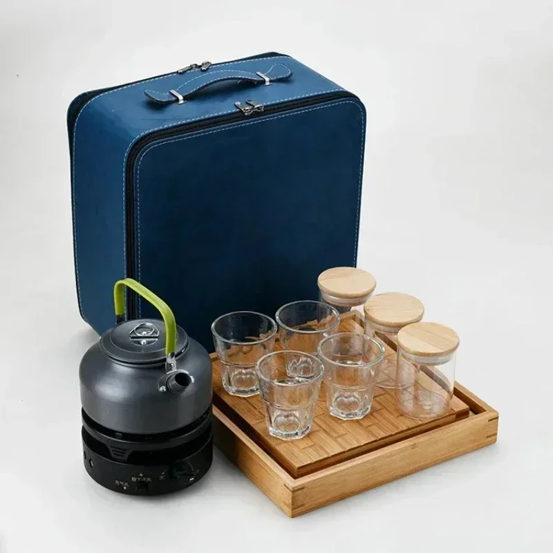 New design hot sale home outdoor camping travel glass coffee cup jar and bamboo melamine tray set with stove