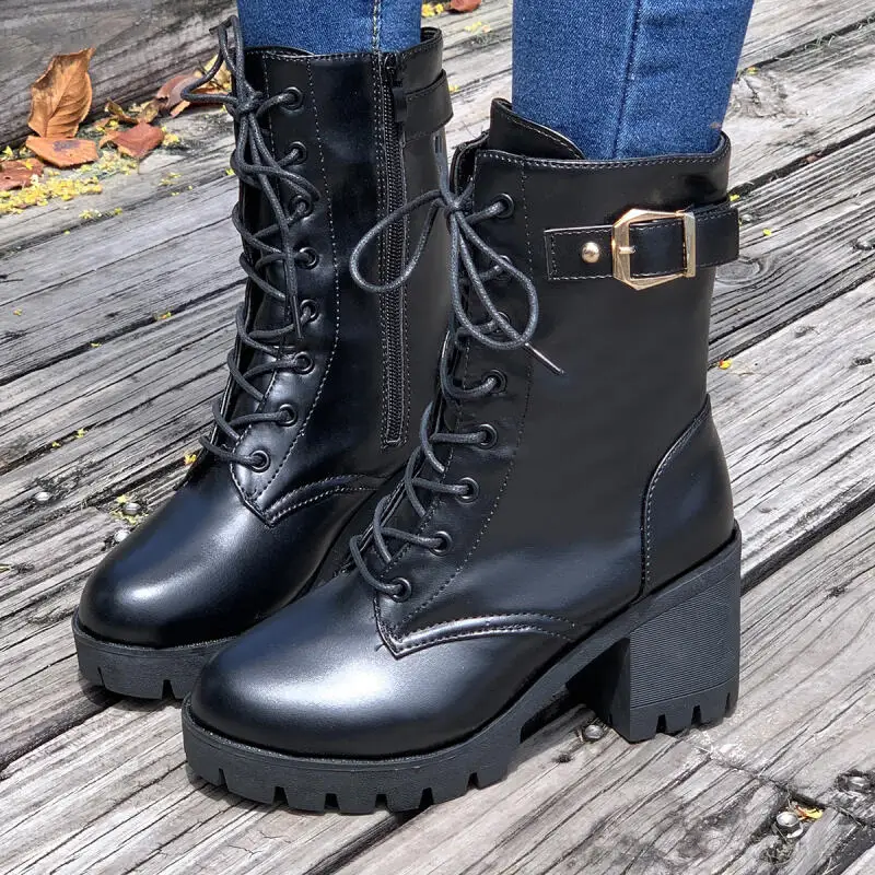 Punk Metal Buckle Thick High Heel Motorcycle Boots Women Winter 2026 Classic Black Pu Leather Ankle Boots Women Short Booties