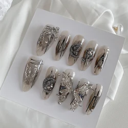 Wearable 3D Silver Butterfly False Nails With Metal Moon Decor Charming Gothic Fake Nails Y2k Press On Nail Long Almond Handmade