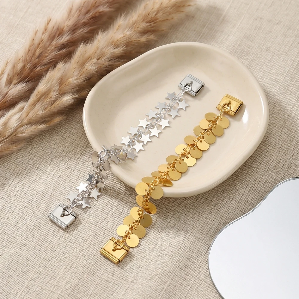 URING Italienisches Charm-Armband, passend für 9mm Edelstahl, abnehmbarer runder Stern, Blatt, Klinge, Flow Su, doppelt hängendes Schmuckarmband zum Selbermachen – Detail 3