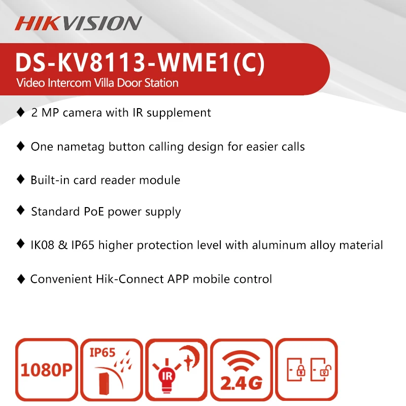 كاميرا Hikvision 2 ميجابكسل فيديو إنترفون محطة باب الفيلا قارئ بطاقات مدمج ثنائي الاتجاه PoE IK08 & IP65 DS-KV8113-WME1(C) #4