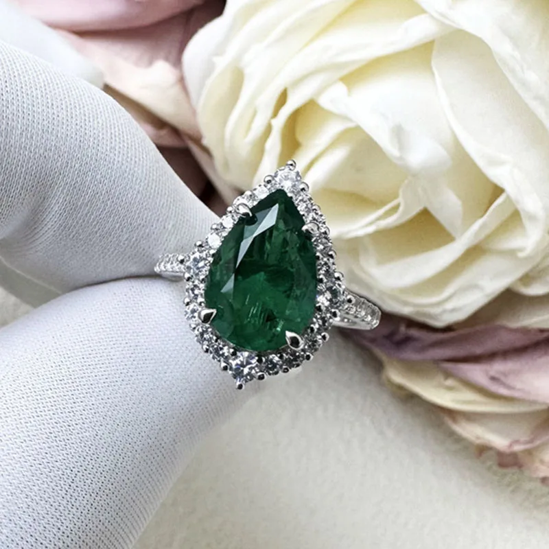 8*12MM Pear Cut Colombian Emerald Ring Female 925 Sterling Silver Plated 18k White Gold Fine Jewelry Rings for Women Wholesale