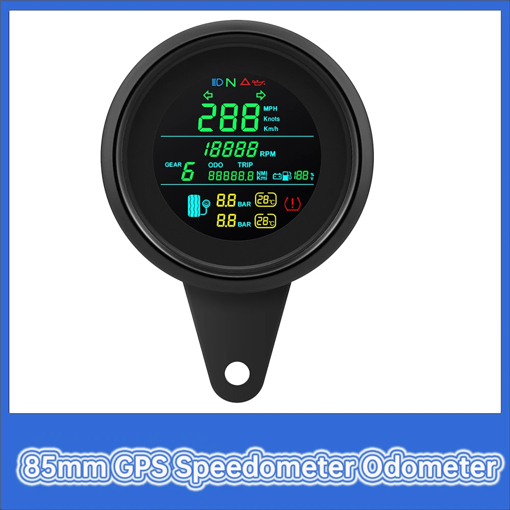 New 85mm GPS Speedometer Odometer with Tire Pressure Temp Alarm Tachometer Fuel Level Gauge Volt 12V 24V for Motorcycle