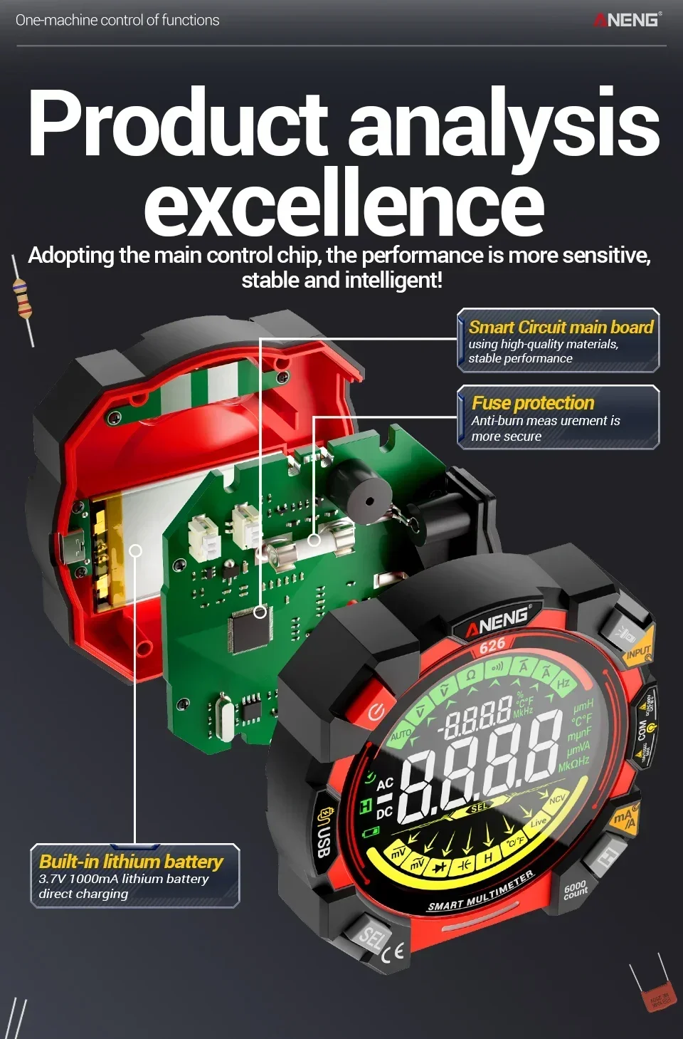 Multitester 6000 Counts 600V Spannungsprüfer ANENG 626 Multimeter Tragbares Strom-Ohmmeter Wiederaufladbares USB-Detektorwerkzeug – Detail 3