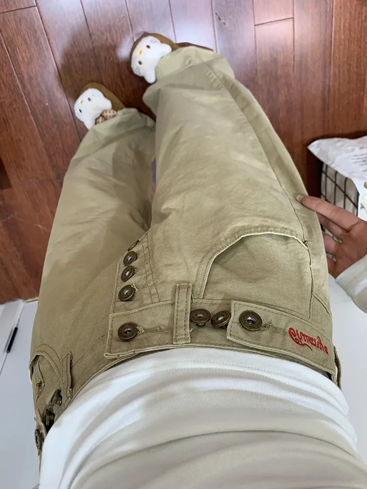 Khaki Patchwork Work Pants Men's Loose Fit Adjustable Waist Belt Embroidered Long Trousers Trendy Casual Jeans for Teens