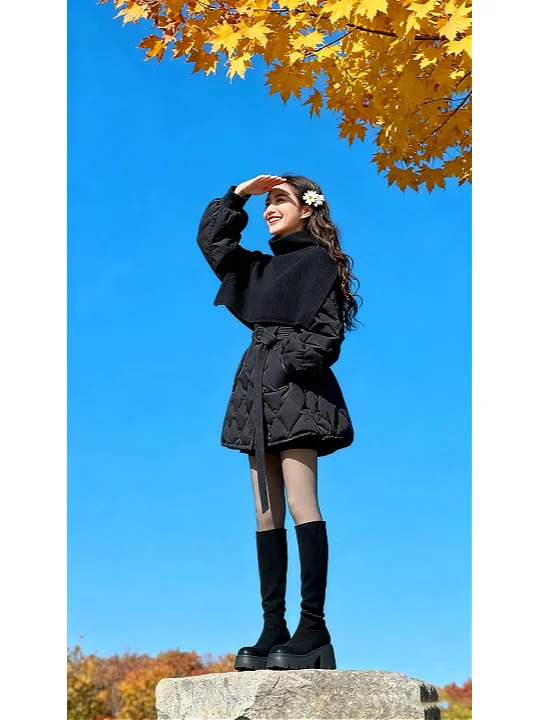 

Ele Bla Belted Cotton Jaet Women's Winter 2025 New Sle Trendy oulder-aped Outerwear Mid-Length Faionable