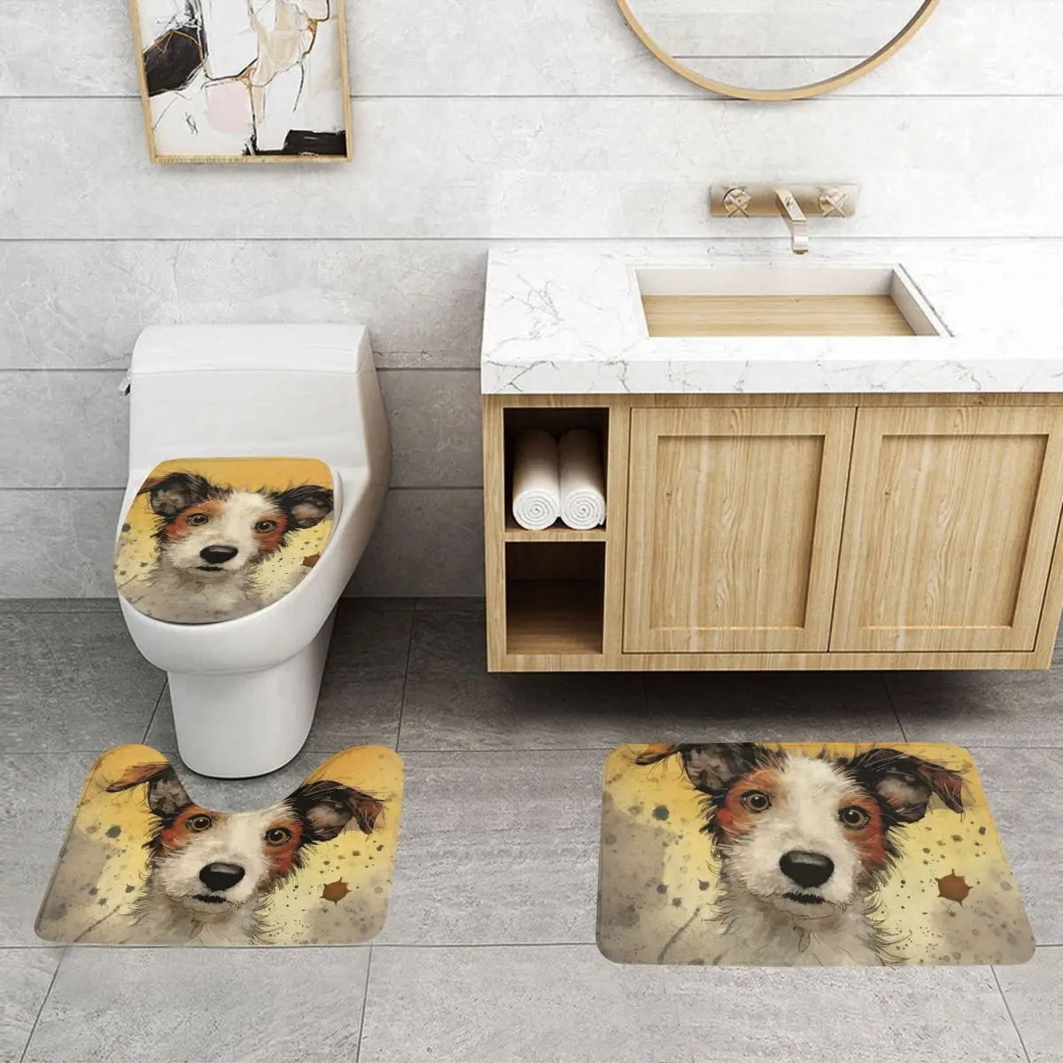 

Собака Джек Рассел-терьер (2) 3-х предметный коврик для ванной комнаты, набор для ванной комнаты, крышка унитаза, домашний декор, нескользящий ковер, напольный коврик