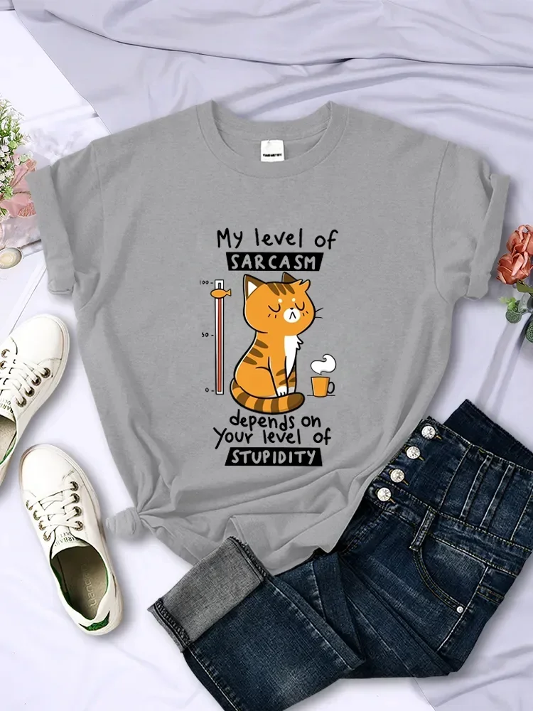 Funny My Level of Sarcasm Depends on Your Level of Stupidity Graphic Women T Shirts Sarcasm Level Cat Tees 2024 Summer T Shirts