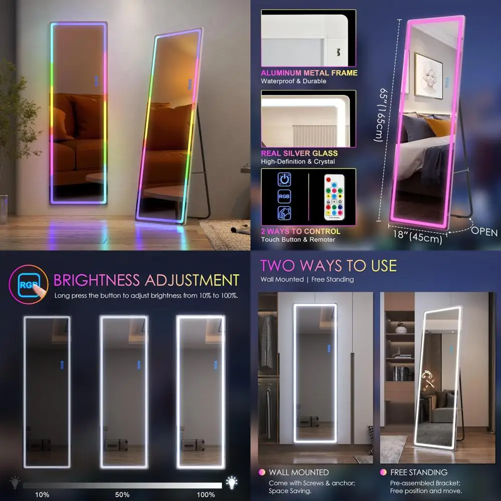 Beleuchteter Bodenspiegel in voller Länge mit RGB-LED, freistehend und an der Wand montierbar, beleuchteter Ganzkörperspiegel für Zuhause und Salon