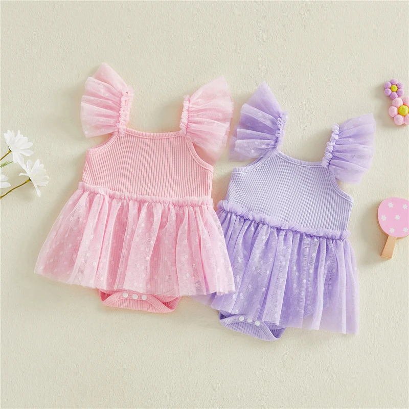 

Комбинезоны для девочек 0-18 месяцев: трикотажные ромперы с рукавами-крылышками, принтом в горошек и многослойным тюлевым подолом