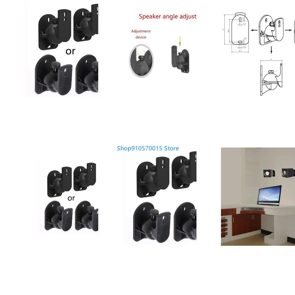 B95C Black Soundbar Wall mounting Brackets with Adjustable 180 Degree Rotation Satellite/Bookshelf Speaker Brackets
