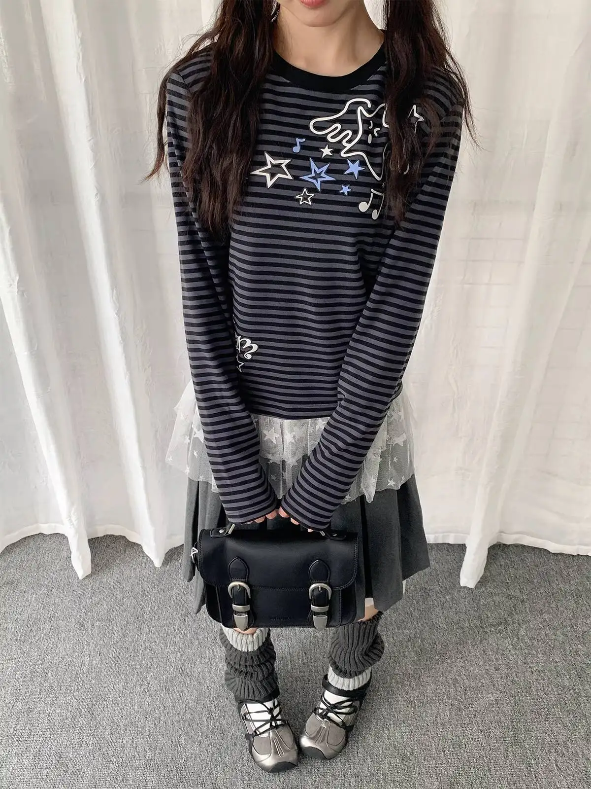 Y Demo Y2k-Camiseta de manga larga con estampado de estrellas a rayas y retazos de encaje para mujer, Camiseta larga empalmada de malla