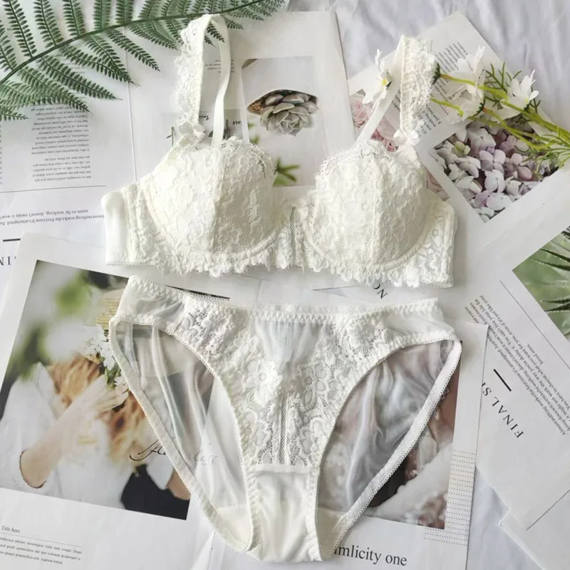 New thin underwear chicken heart lace lingerie small fresh soft steel ring underpants solid color bra set women