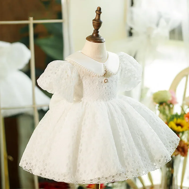 Customized White Elegant Puff Sleeve Slim Birthday Dresses Doll Collar Sweet Lace Tiered Princess Vestidos Simple Solid Flower G