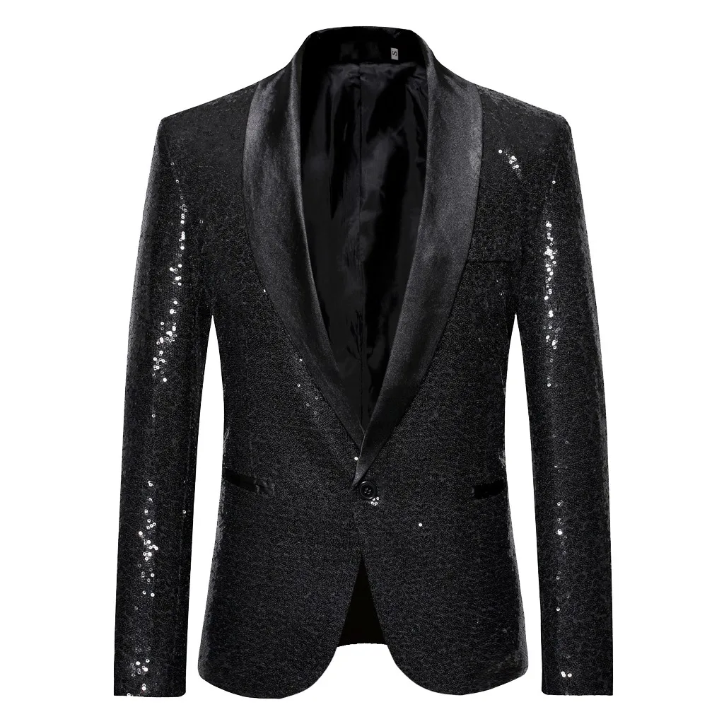 Perfomance Party Men's Shiny Sequin Jackets Suit Singer Business Wedding Host Blazer Single Button Pocket Long Sleeve Laple Coat