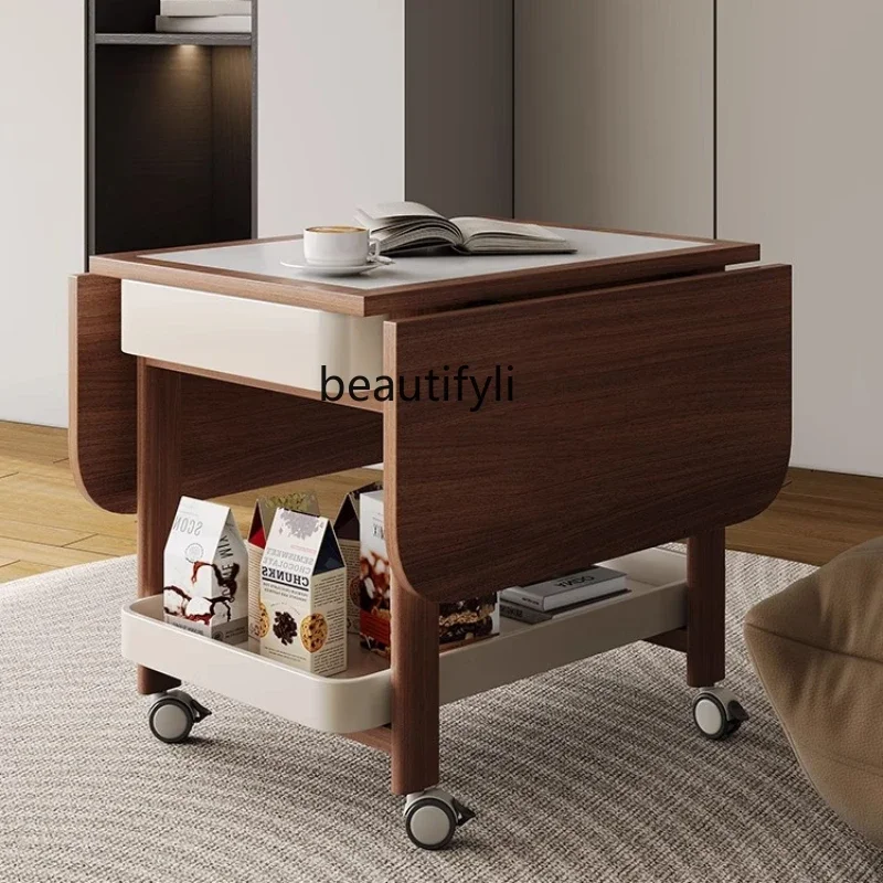 

Multifunctional Solid Wood Sofa Side Table Trolley Small Apartment Movable Folding Walnut Color Tea Cart Side Table Dual-Use