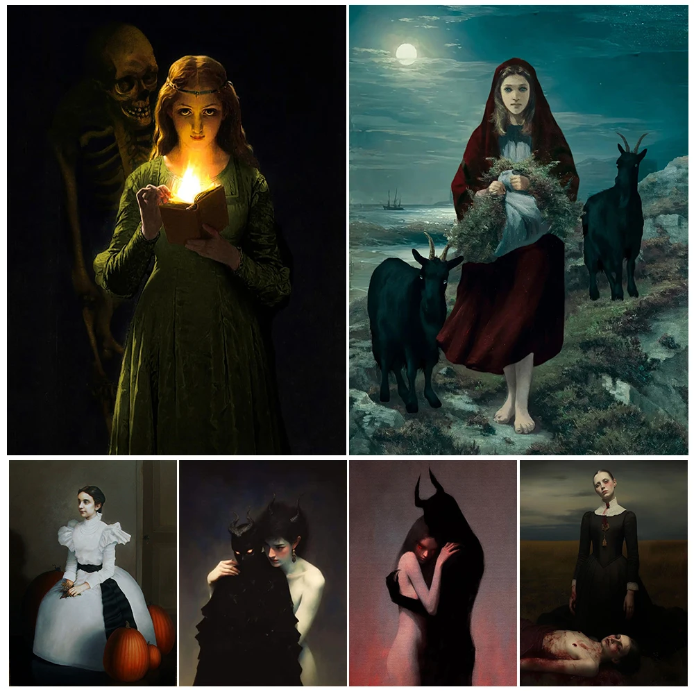 

Devil Lover Pagan Witch Vintage Wall Art Canvas Painting Creepy Victorian Witchcraft Portain Art Poster Print Home Decoration
