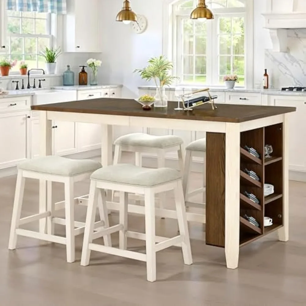 

5-Piece Solid Wood Counter Height Kitchen Island Table Set with Storage, Farmhouse Dining Table & Upholstered Stools, Rustic Br