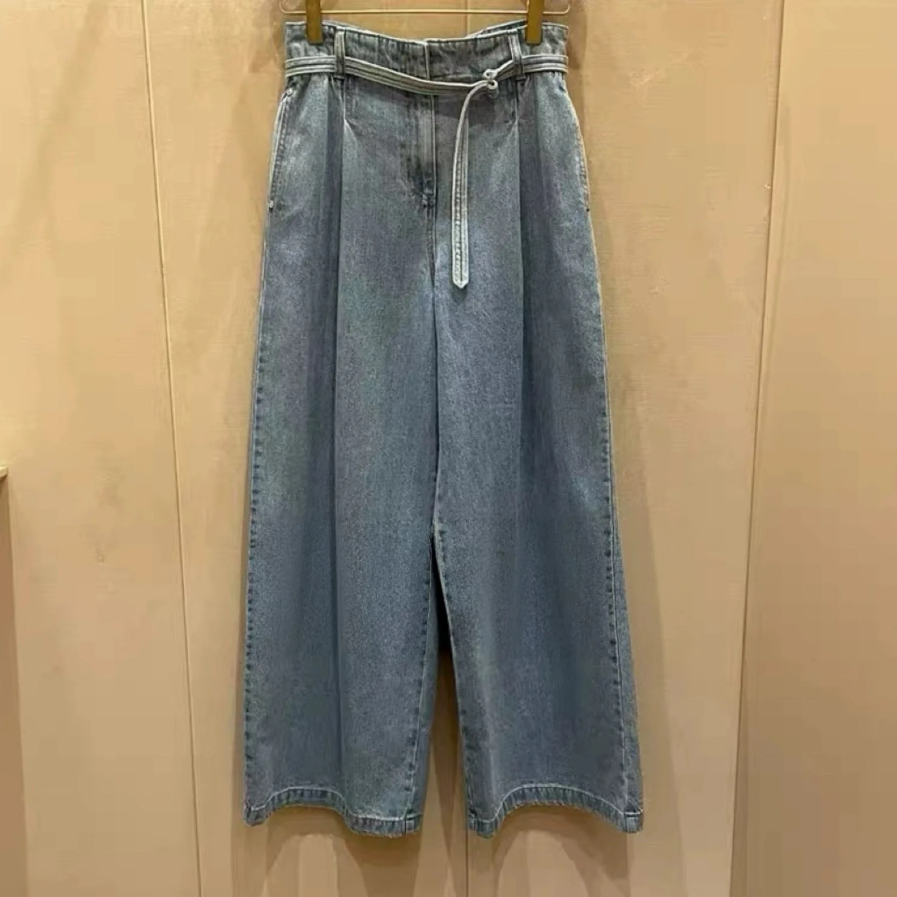 Jeans a gamba larga a vita alta Casual vestibilità ampia formaggio al limone MIN25 Cintura a pieghe autunnale Jeans casual da donna