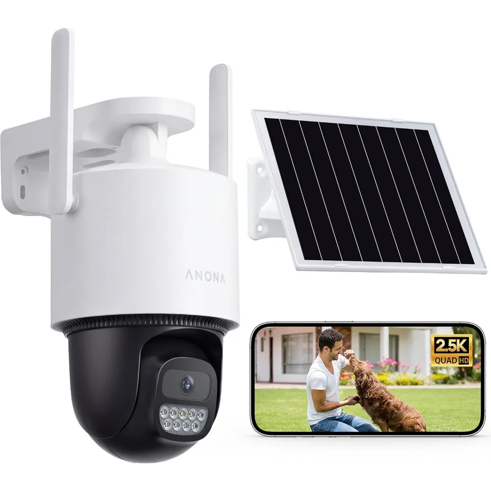 Solar Security Camera: 2.5K 4MP 360 PTZ, 24/7 Rec, Night Vision, AI Human Detection, Auto Tracking, IP66, 2.4GHz Wi-Fi