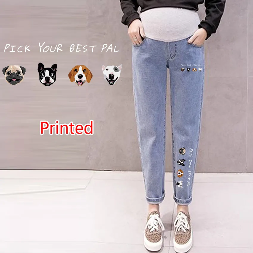 

Модные джинсы для беременных, одежда для беременных, широкие брюки с принтом собаки, брюки с поддержкой живота, одежда для беременных