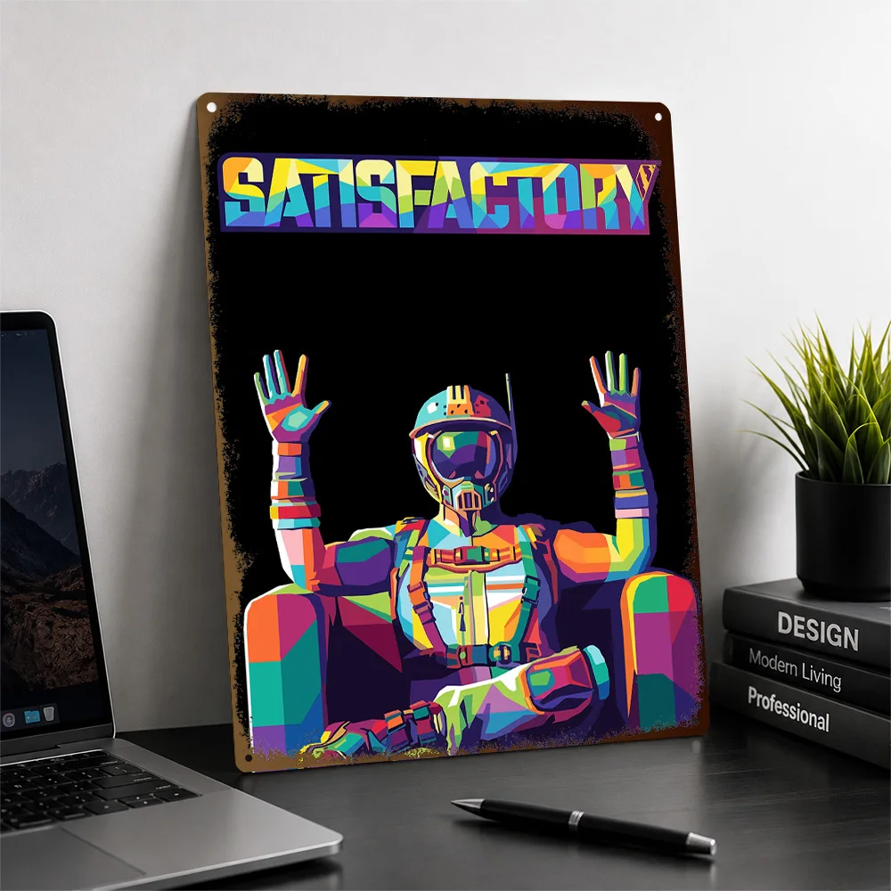 Satisfactory Pioneer Color Block Portrait Printed Poster Personalized Metal Sign Cosmic Mission Style Wall Art Game Room Decor
